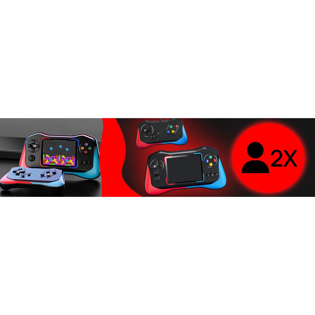Consola de Jocuri Portabila Retoo PlayTech, Ecran HD 3.5 inch, 500+ Jocuri, Cablu AV, USB Inclus, Suport 2 Jucatori, Suport Suplimentar cu Fir, Baterie de 1200 mAh Controlul Volumului, Lesire Video TV-OUT, Albastru/Rosu