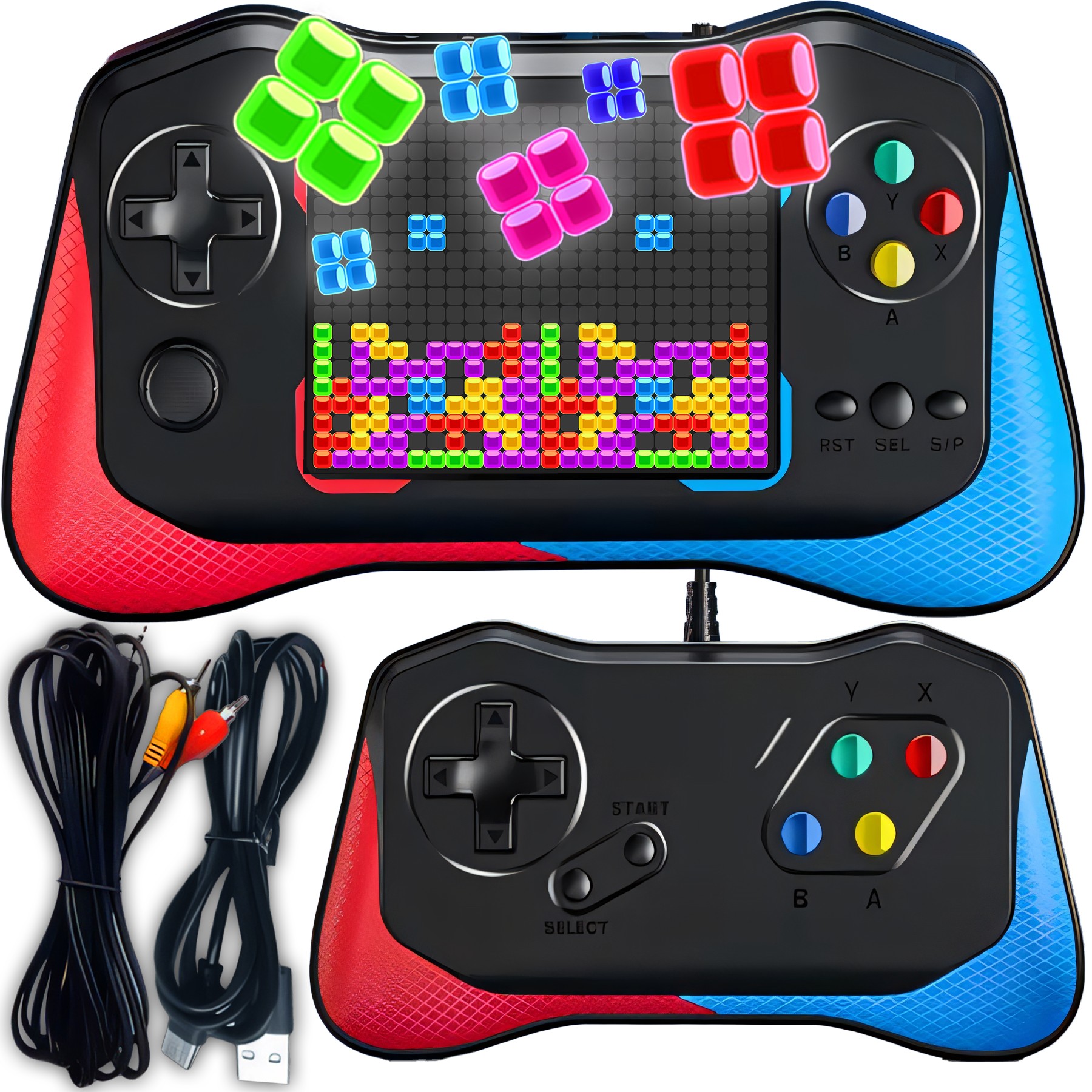 Consola de Jocuri Portabila Retoo PlayTech, Ecran HD 3.5 inch, 500+ Jocuri, Cablu AV, USB Inclus, Suport 2 Jucatori, Suport Suplimentar cu Fir, Baterie de 1200 mAh Controlul Volumului, Lesire Video TV-OUT, Albastru/Rosu