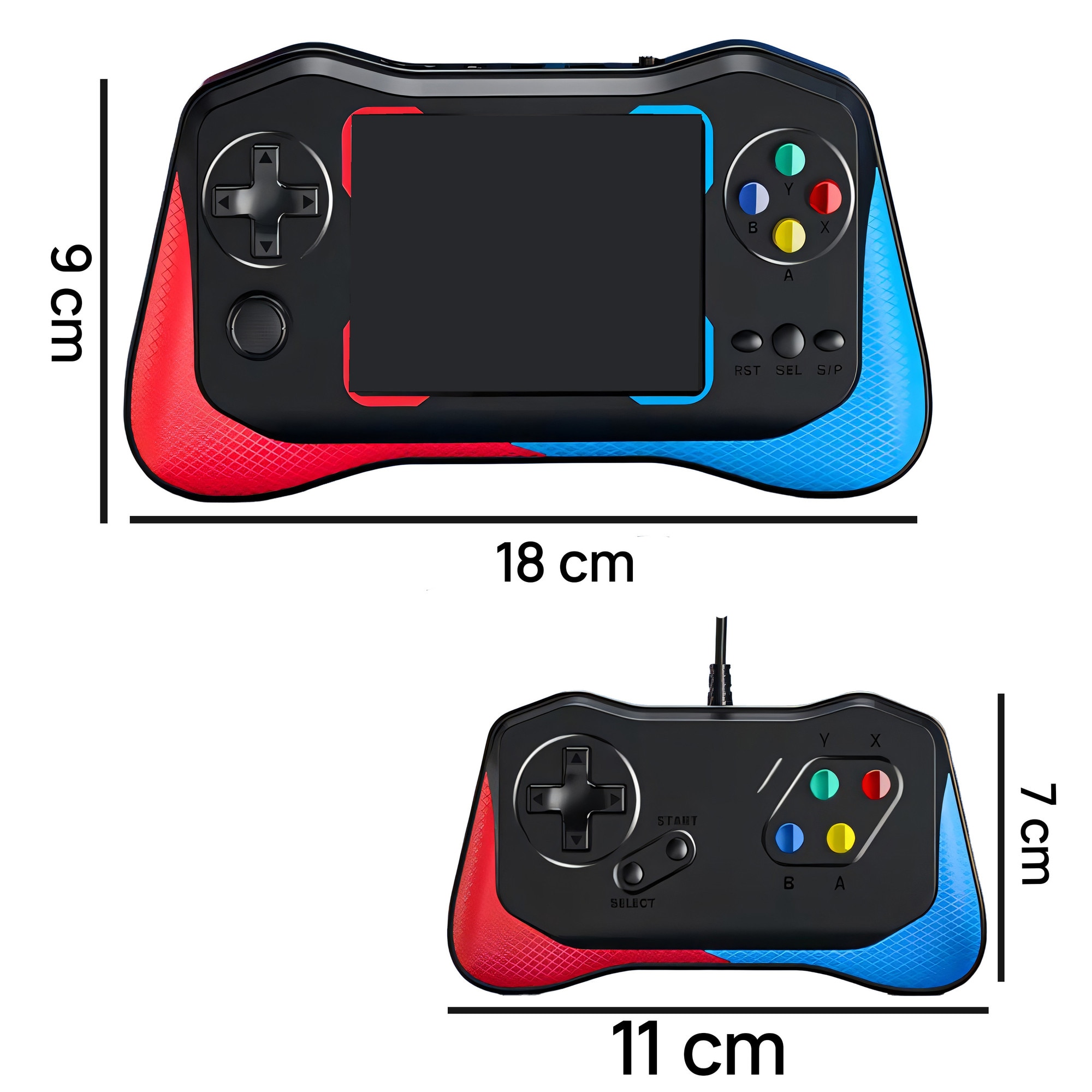 Consola de Jocuri Portabila Retoo PlayTech, Ecran HD 3.5 inch, 500+ Jocuri, Cablu AV, USB Inclus, Suport 2 Jucatori, Suport Suplimentar cu Fir, Baterie de 1200 mAh Controlul Volumului, Lesire Video TV-OUT, Albastru/Rosu