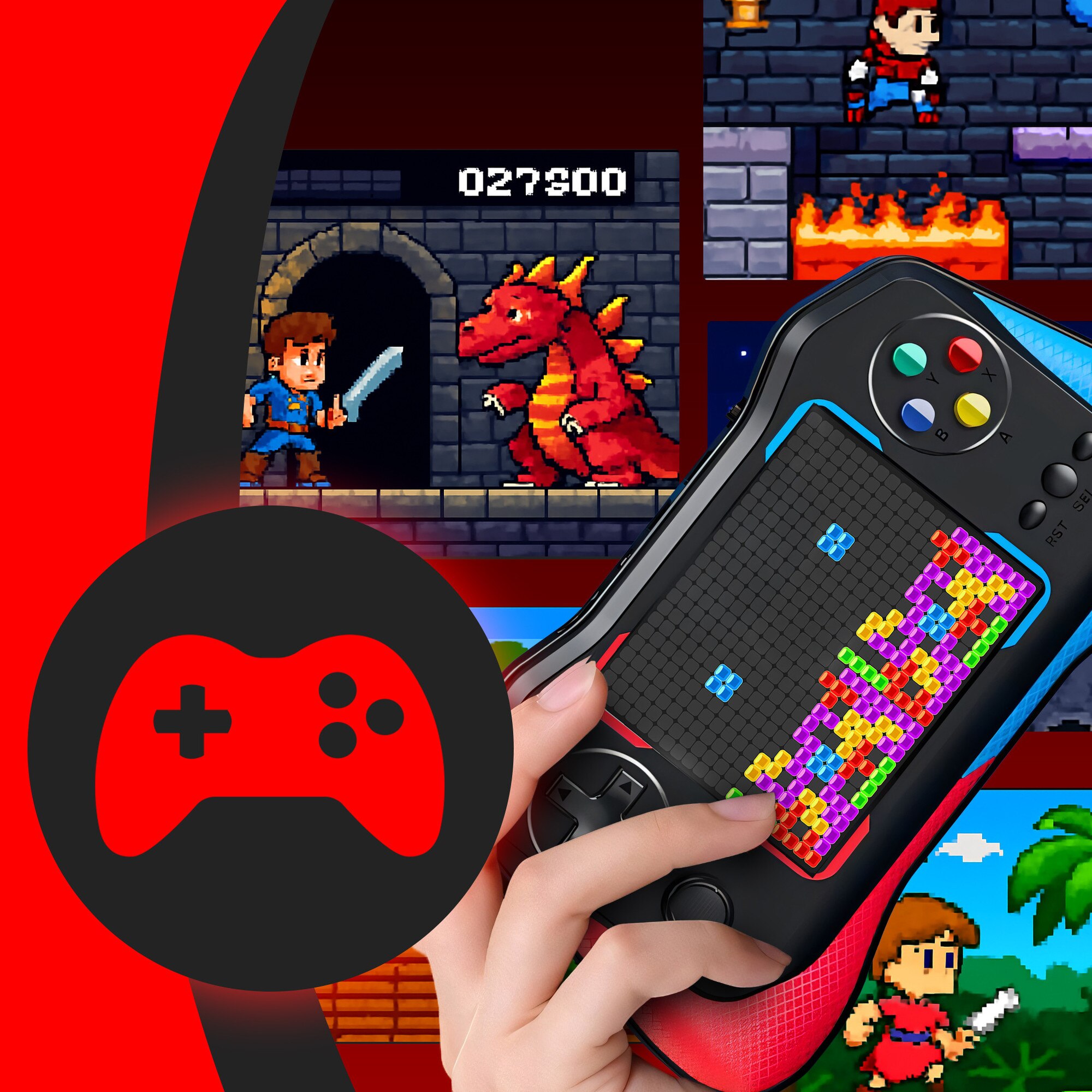 Consola de Jocuri Portabila Retoo PlayTech, Ecran HD 3.5 inch, 500+ Jocuri, Cablu AV, USB Inclus, Suport 2 Jucatori, Suport Suplimentar cu Fir, Baterie de 1200 mAh Controlul Volumului, Lesire Video TV-OUT, Albastru/Rosu