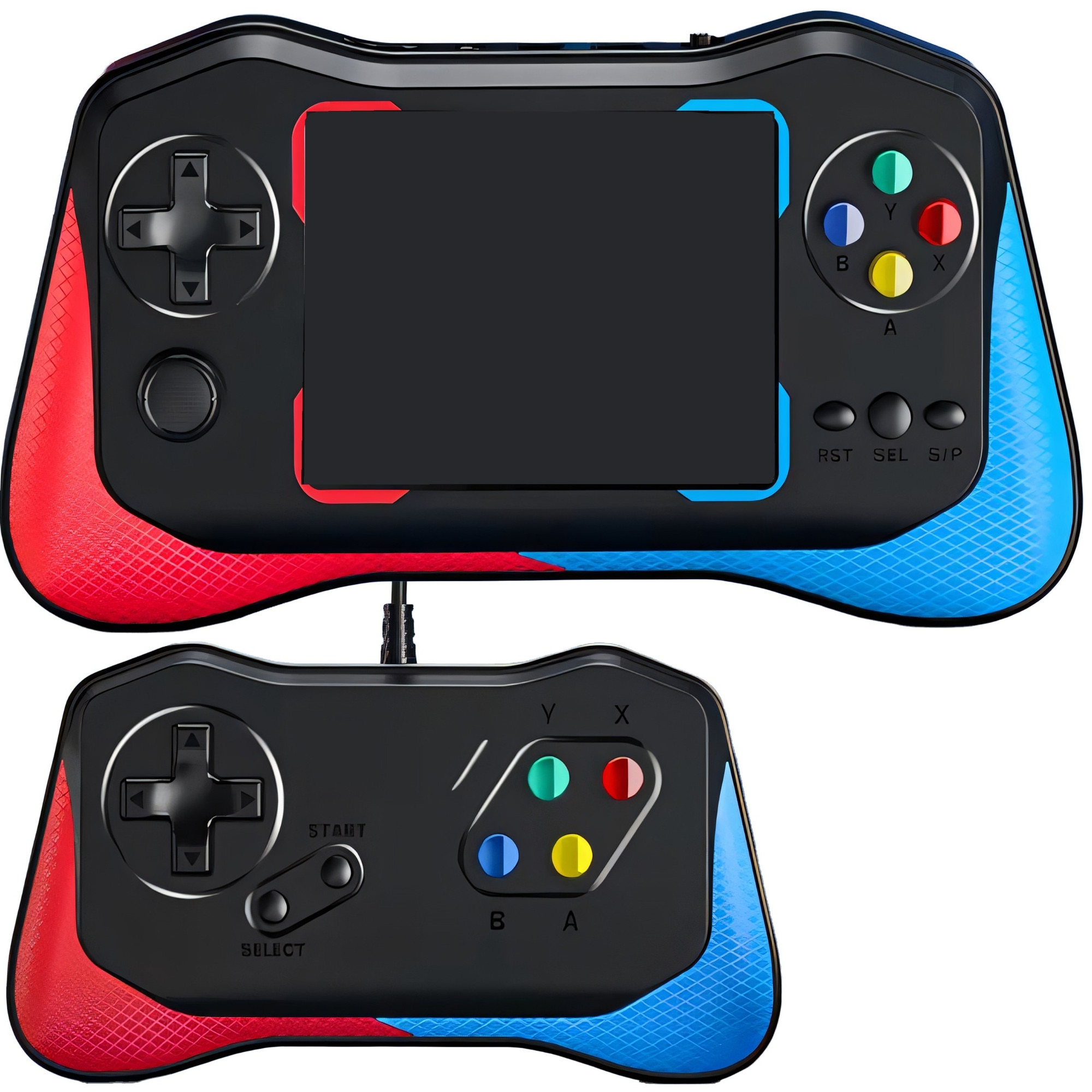 Consola de Jocuri Portabila Retoo PlayTech, Ecran HD 3.5 inch, 500+ Jocuri, Cablu AV, USB Inclus, Suport 2 Jucatori, Suport Suplimentar cu Fir, Baterie de 1200 mAh Controlul Volumului, Lesire Video TV-OUT, Albastru/Rosu