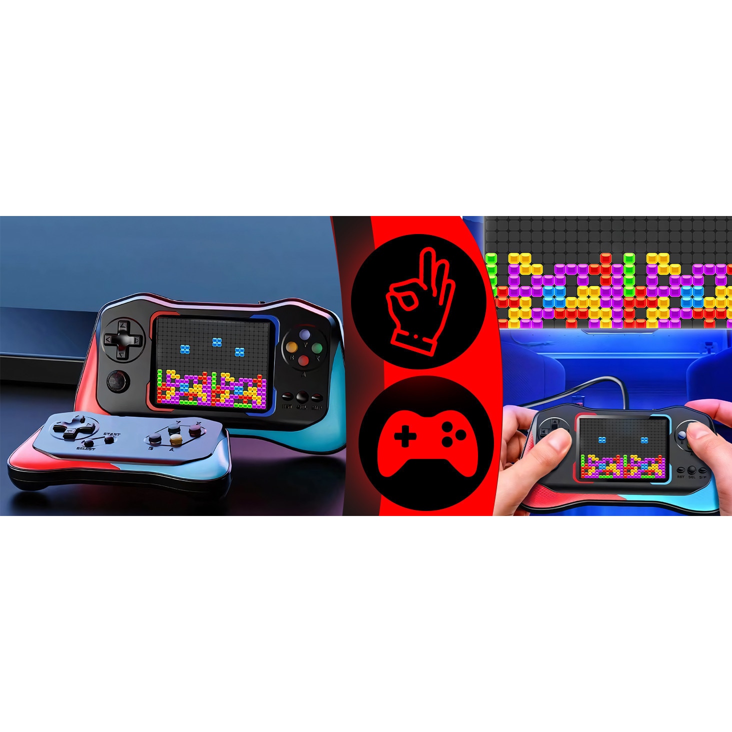 Consola de Jocuri Portabila Retoo PlayTech, Ecran HD 3.5 inch, 500+ Jocuri, Cablu AV, USB Inclus, Suport 2 Jucatori, Suport Suplimentar cu Fir, Baterie de 1200 mAh Controlul Volumului, Lesire Video TV-OUT, Albastru/Rosu