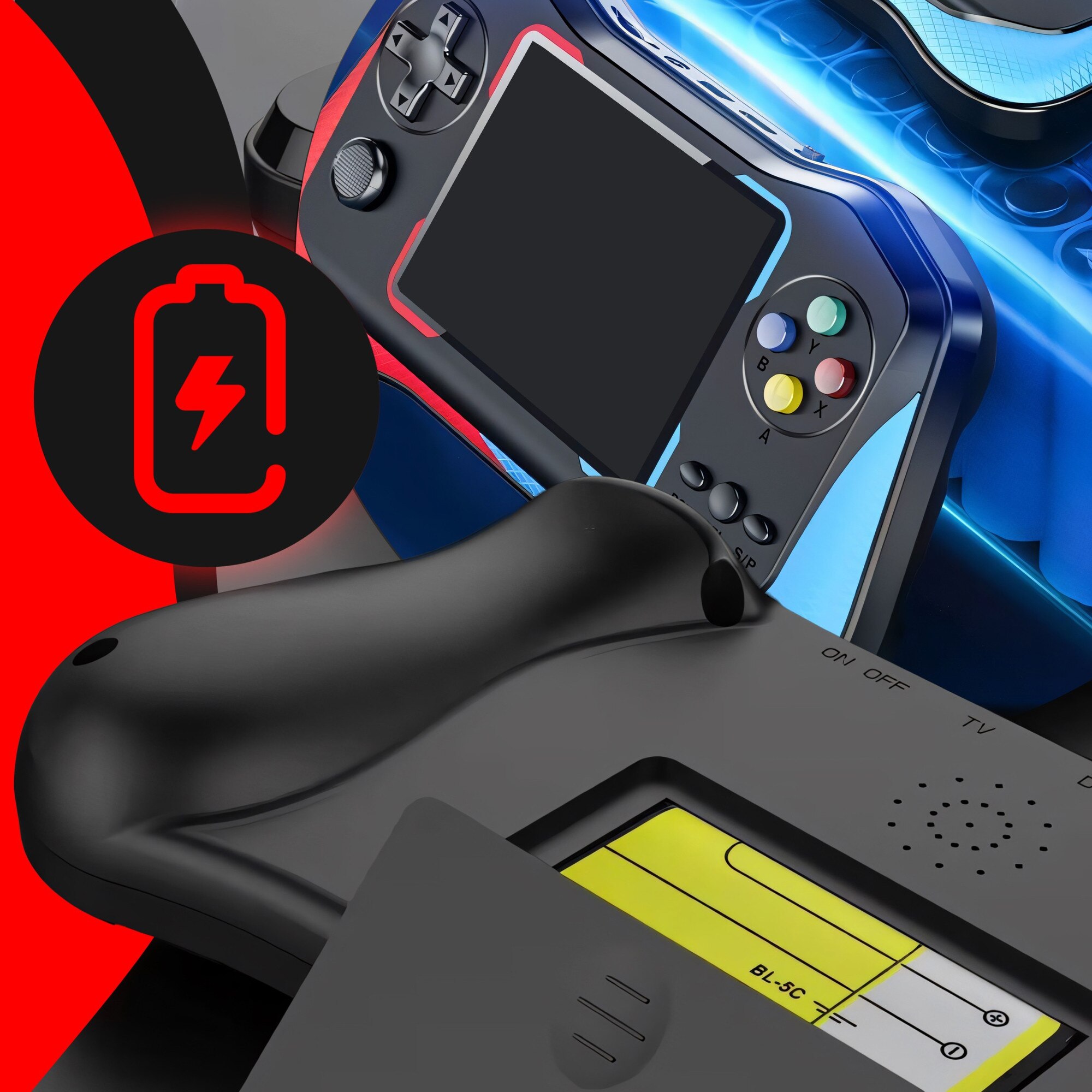 Consola de Jocuri Portabila Retoo PlayTech, Ecran HD 3.5 inch, 500+ Jocuri, Cablu AV, USB Inclus, Suport 2 Jucatori, Suport Suplimentar cu Fir, Baterie de 1200 mAh Controlul Volumului, Lesire Video TV-OUT, Albastru/Rosu