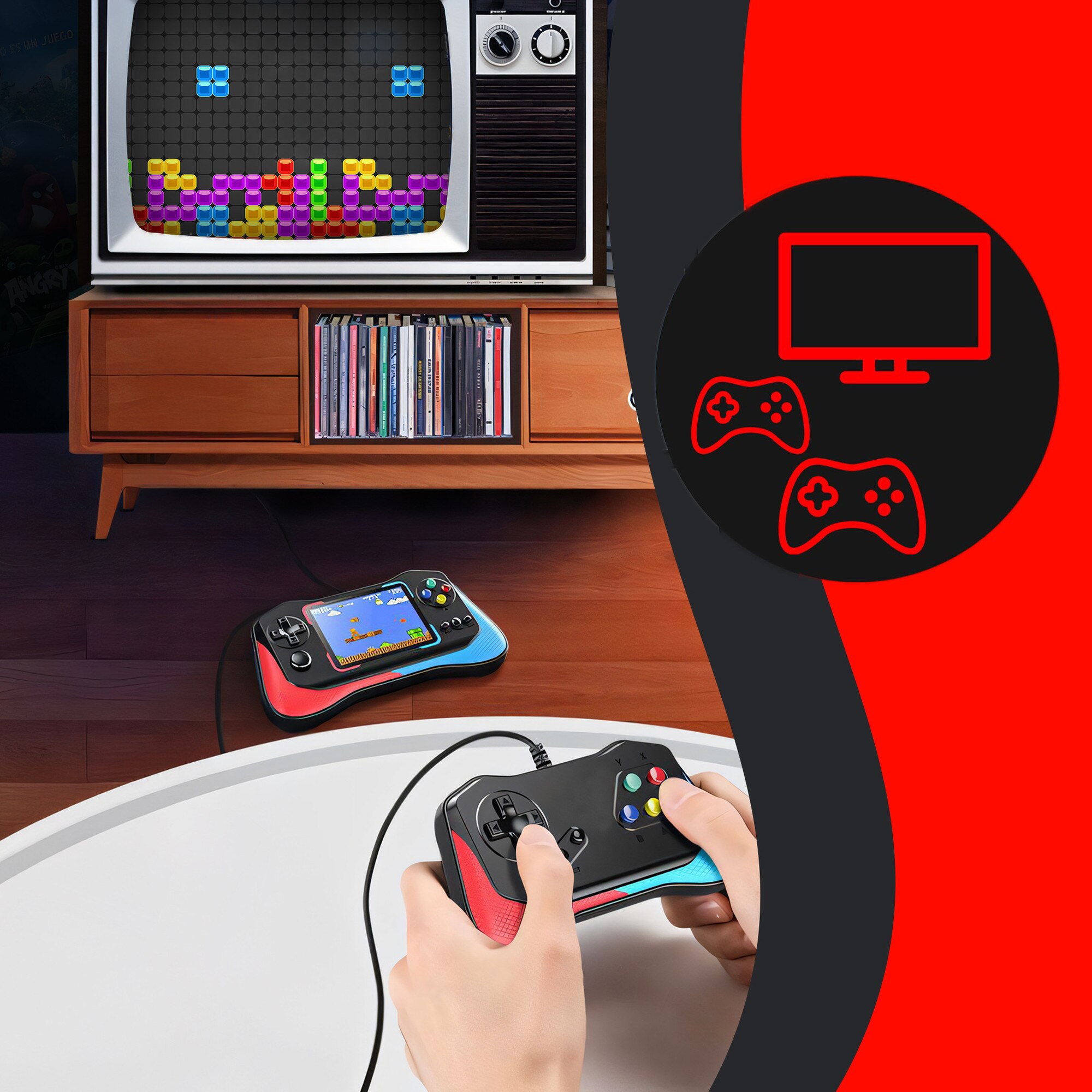 Consola de Jocuri Portabila Retoo PlayTech, Ecran HD 3.5 inch, 500+ Jocuri, Cablu AV, USB Inclus, Suport 2 Jucatori, Suport Suplimentar cu Fir, Baterie de 1200 mAh Controlul Volumului, Lesire Video TV-OUT, Albastru/Rosu