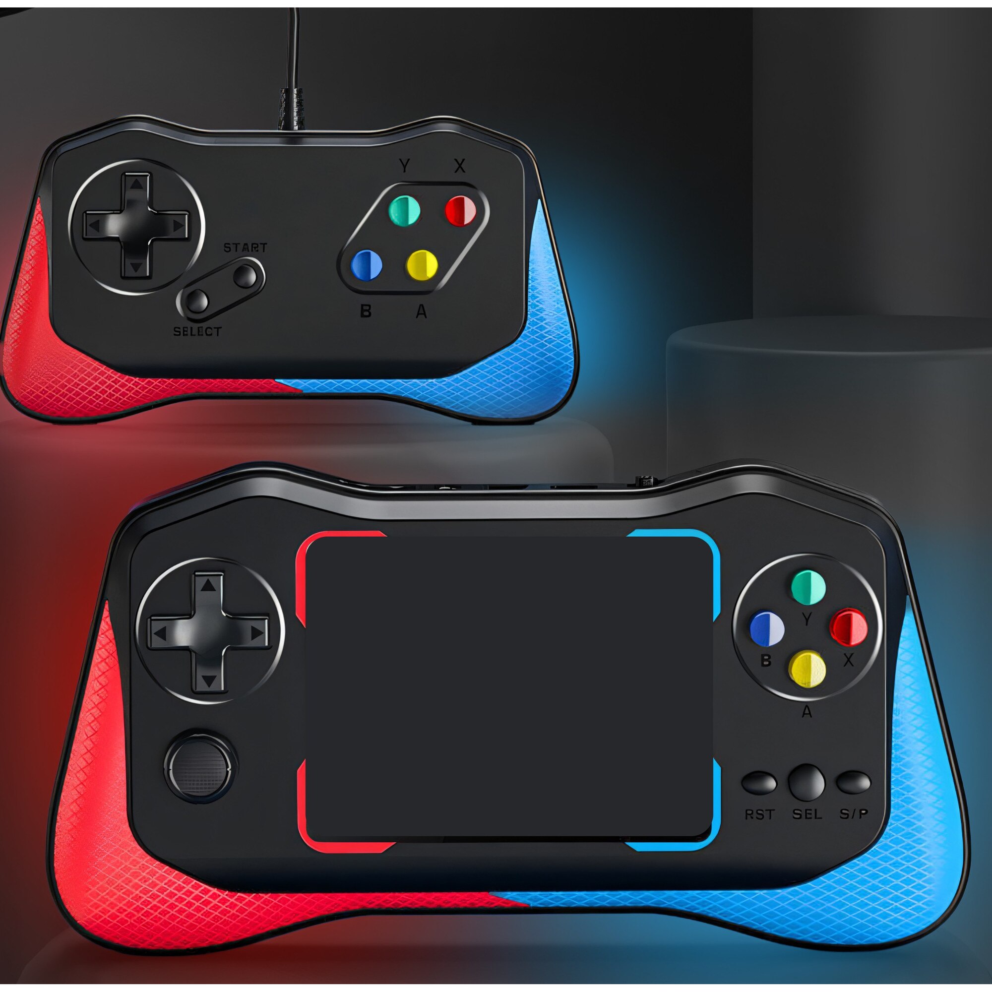 Consola de Jocuri Portabila Retoo PlayTech, Ecran HD 3.5 inch, 500+ Jocuri, Cablu AV, USB Inclus, Suport 2 Jucatori, Suport Suplimentar cu Fir, Baterie de 1200 mAh Controlul Volumului, Lesire Video TV-OUT, Albastru/Rosu