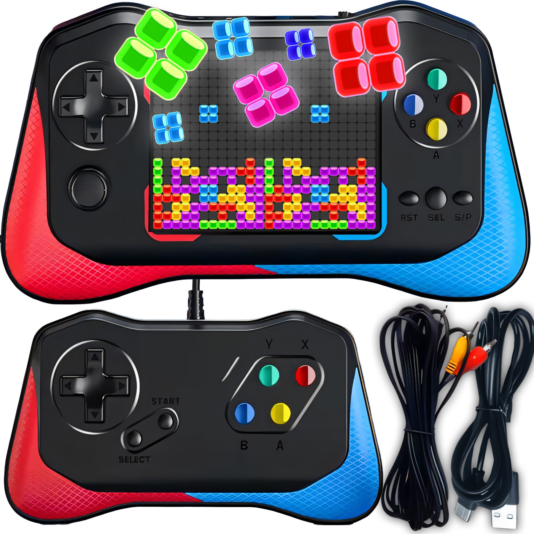 Consola de Jocuri Portabila Retoo PlayTech, Ecran HD 3.5 inch, 500+ Jocuri, Cablu AV, USB Inclus, Suport 2 Jucatori, Suport Suplimentar cu Fir, Baterie de 1200 mAh Controlul Volumului, Lesire Video TV-OUT, Albastru/Rosu