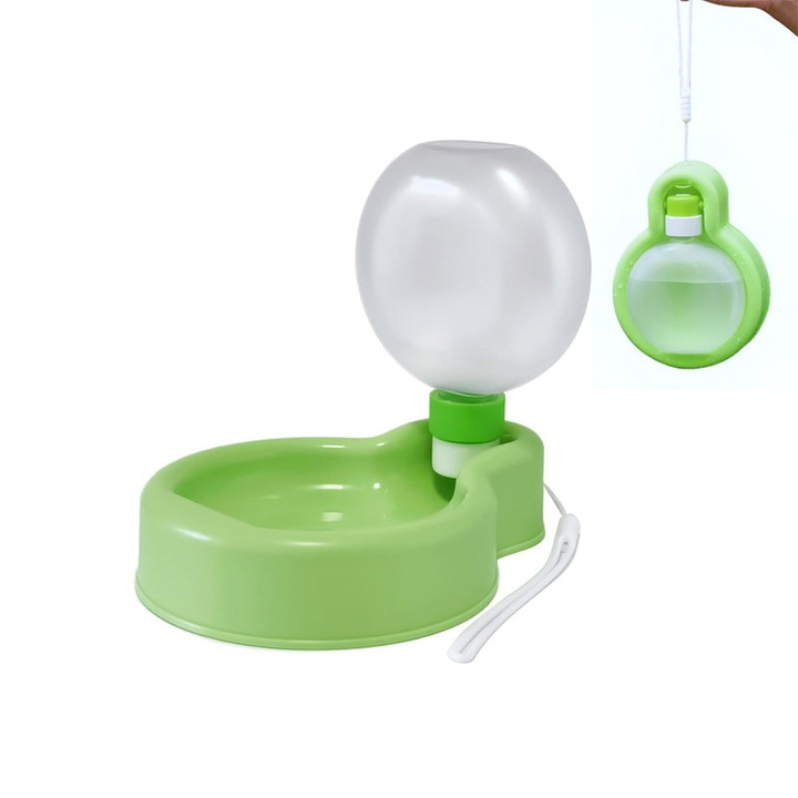 Sticla de apa portabila pentru animale cu curea, design pliabil, 350ml, verde