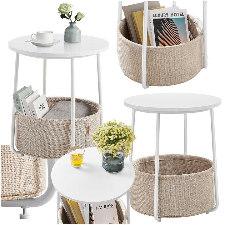 Комплект маси 2в1, Songmics, кръгла маса с кош за съхранение, бяло-бежов, 45x50см