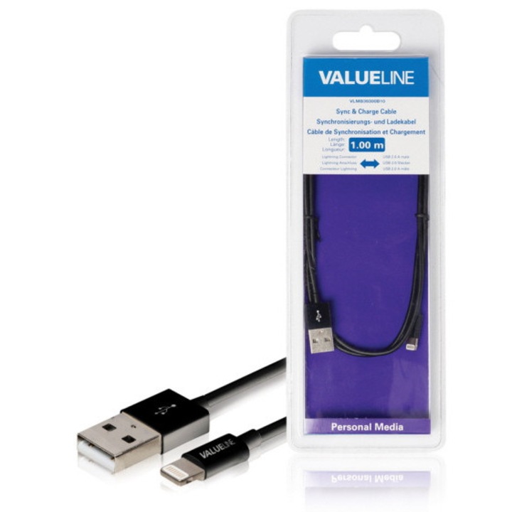 Táp- és szinkronkábel iPad iPhone iPod Apple lightning - USB 2.0 A apa 1m fekete VALUELINE