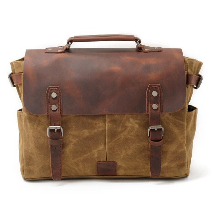 Geanta de umar barbateasca URBAN BAG Zvolen Khaki din piele naturala si material textil impermeabil pentru barbati