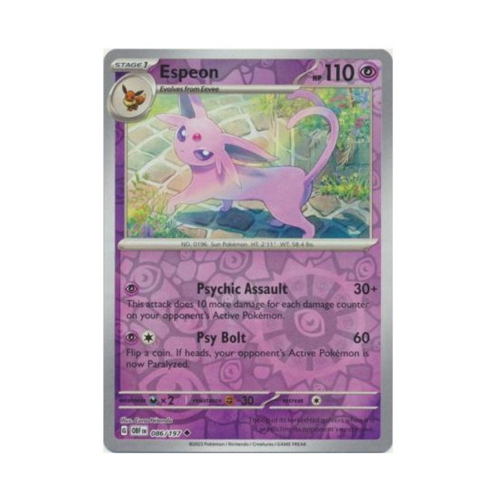 Cartonas de colectie, Pokemon, Obsidian Flames 086/197 Espeon Uncommon Reverse Holo, Multicolor