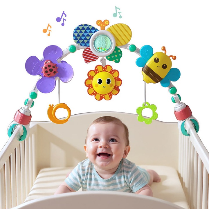 Arcada de jucarii pentru carucior/patut, Model insecte flori, ajustabil pliabil 0-36 luni