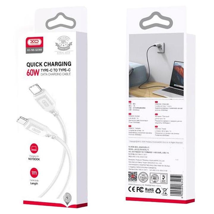 Cablu Date și Încărcare XO NB-Q236B, USB-C, 60W, Alb, 1m
