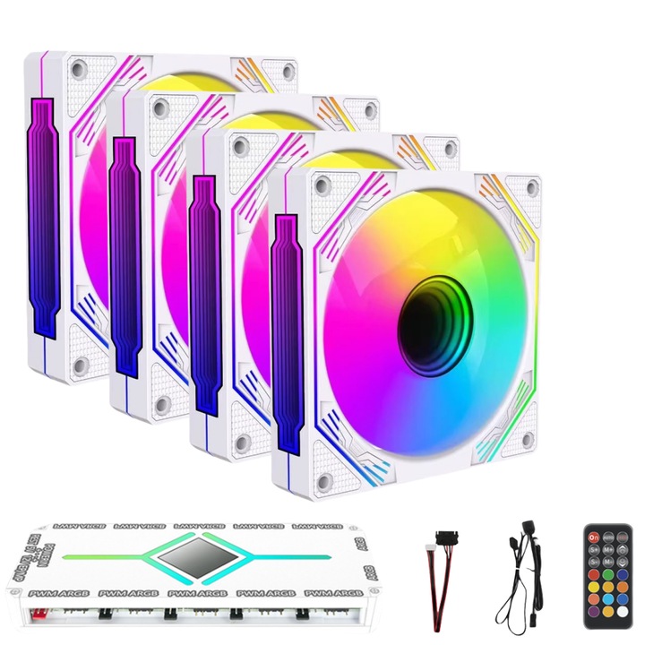 Комплект от 4 вентилатора за компютър, Перка на вентилатора, Контролер с 12 групи ARGB интерфейси и 10 групи PWM интерфейси, SATA, контролер и дистанционно управление, 4-пинов конектор, охлаждане