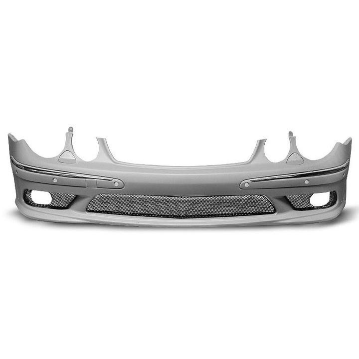 JOM első lökhárító Mercedes W211-hez, AMG stílusú, érzékelőknek és alátéteknek való nyílásokkal, polipropilén