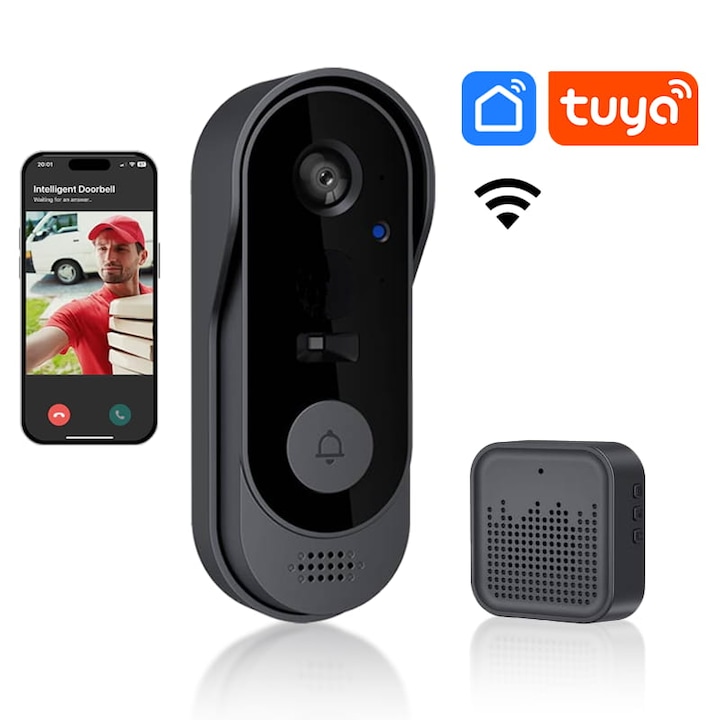 Звънец с 1080p HD камера, WiFi, електрически, инфрачервено нощно виждане, управление чрез приложението Smart Life, водоустойчив, комплект за стенен монтаж