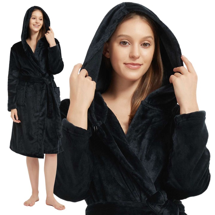 Halat baie Spod Igly i Nitki Paulo, microfibra, negru, cu gluga, lungime peste genunchi