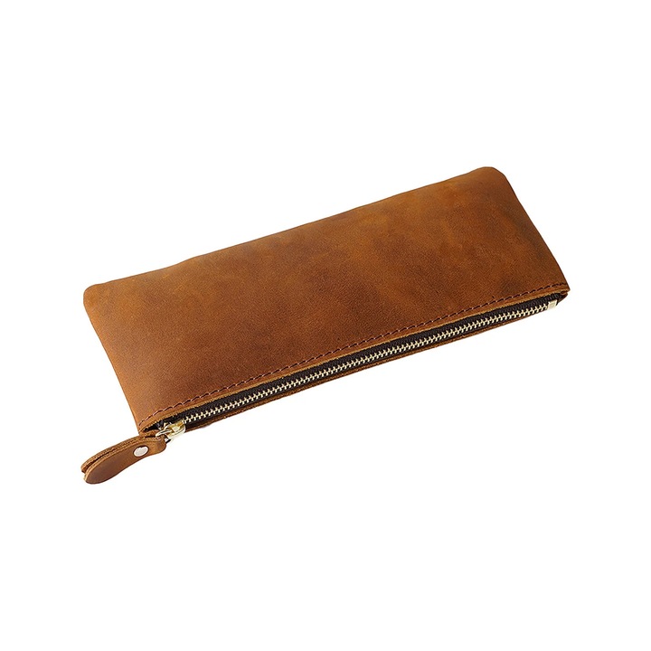 Penar din piele ecologica, Neechipat, cu fermoar, maro, 20x8cm