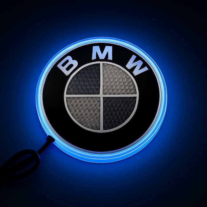 Емблема на BMW с LED, самозалепваща се, за монтаж на преден капак или багажник, 82 мм, синя светлина, съвместима със серии 1, 5, 7, X1, X3, X5, F10, F12 F 13 F 20 и G30
