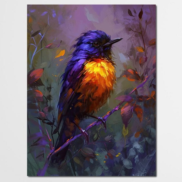 Tablou Canvas Premium, LuxCanva® M1053, Solistul Padurii de Ametist, 100 X 135 CM, Panza Bumbac 100% 400g/m2, Sasiu Lemn, Ramura, Padure, Ametist, Pasare, Intens, Mister, Neon, Natura, Birou, Living, Camera Copil