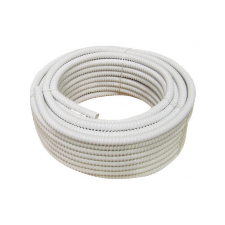 Маркуч за конденз, спирален, бял, диаметър 16 мм, дължина 25 м, гъвкав и устойчив, за отвеждане на конденз от климатици, термопомпи, котли и ОВК системи, вътрешен/външен монтаж