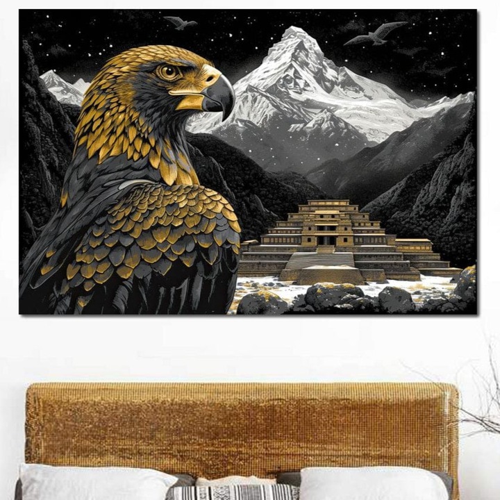 Tablou Canvas Premium, LuxCanva® M1058, Gardianul Templului, 80 X 120 CM, Panza Bumbac 100% 400g/m2, Sasiu Lemn, Vultur, Munte, Templu, Sacru, Auriu, Pasare, Ancestral, Aztec, Mit, Birou, Living, Camera Copil