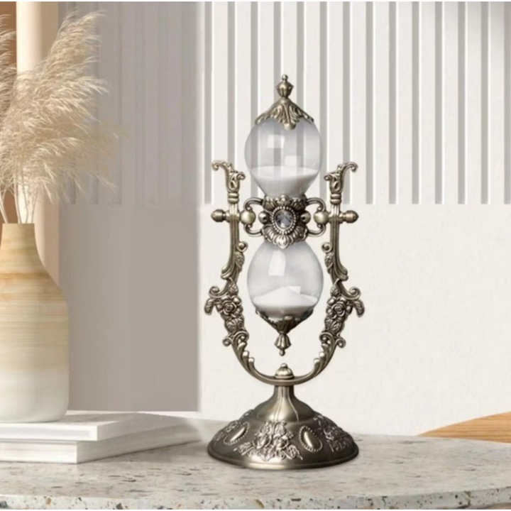 Clepsidra decorativa, in stil baroc, din doua piese, cu cadrul si suportul din inox, 22 X 10 cm, desing vintage elegant si rafinat pentru casa sau birou, durata 15 min