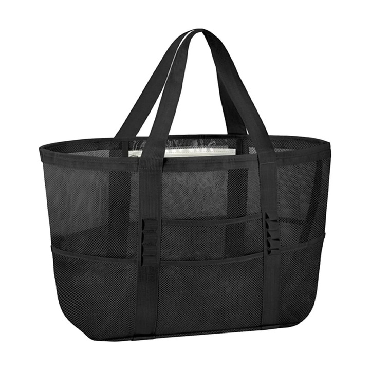 Geanta de plaja pentru femei, neagra, 45x33cm, capacitate mare, reutilizabila, cu 4 buzunare exterioare