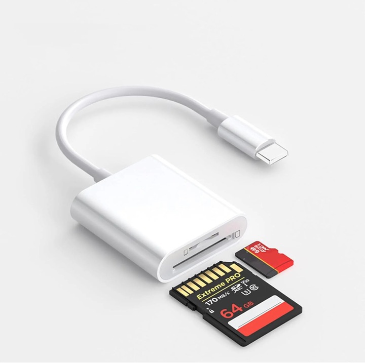 Двоен четец за SD карти за iPhone и iPad, бърз трансфер на данни, поддръжка на SD/TF карти, максимален капацитет 512GB