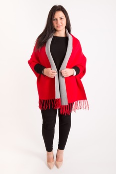 Ponch-cardigan L-line, cu franjuri,one size, Rosu/Gri, One Size Ponch-cardigan L-line, cu franjuri,one size, Rosu/Gri, One Size