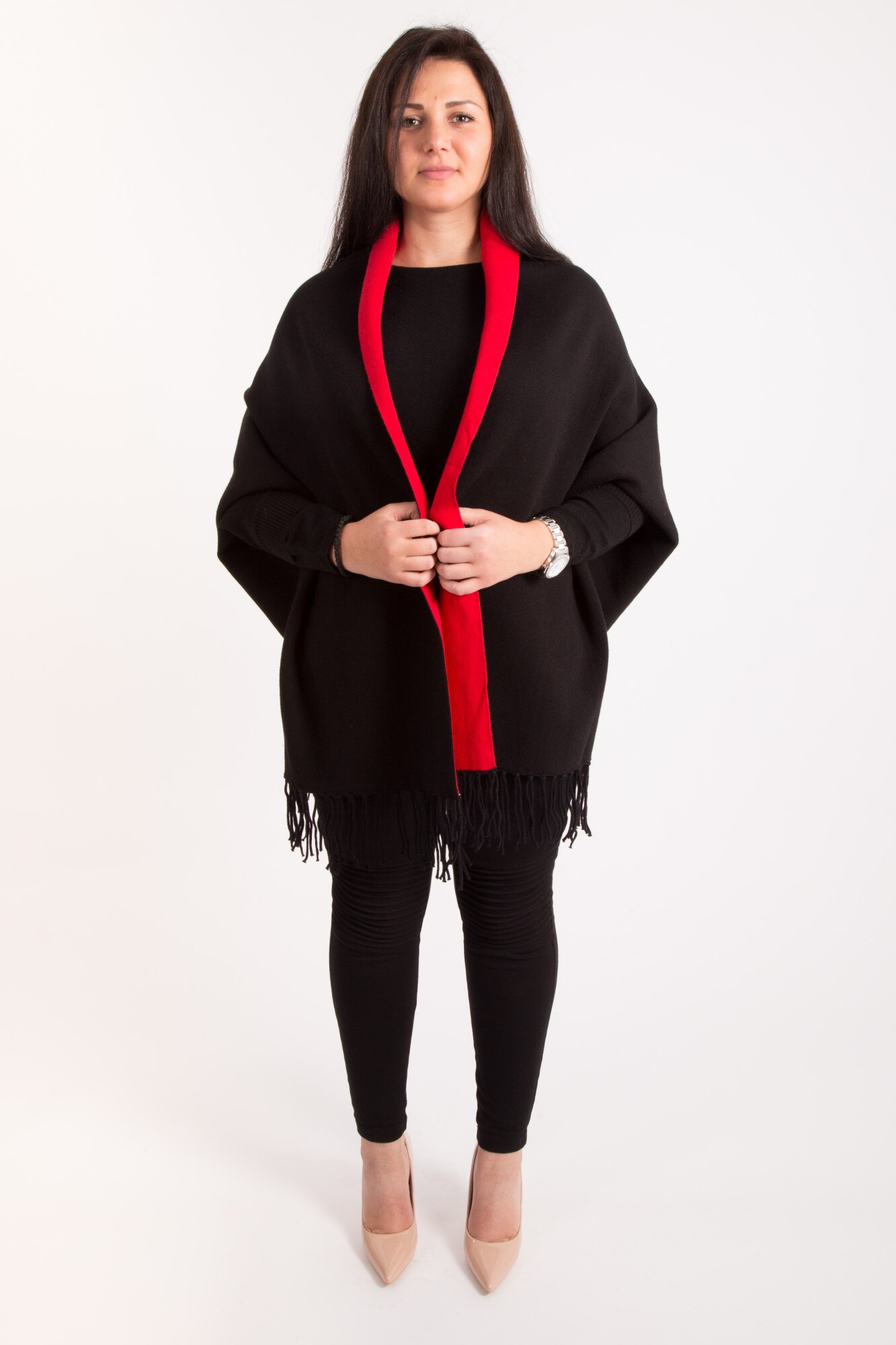 Ponch-cardigan L-line, cu franjuri,one size, Negru/Rosu, One Size