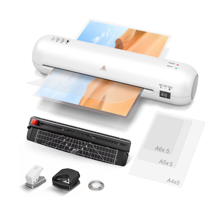 Set laminator personal, Rqiurpn, A4, incalzire rapida 2min, functie anti-blocare, 15 pungi laminare, alb