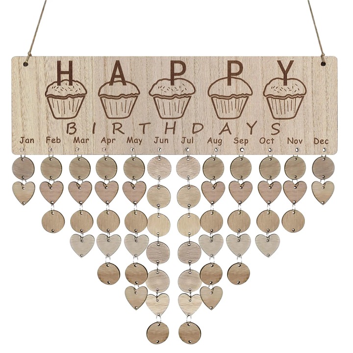 Panou calendar aniversari din lemn ZYBLSSBB LSM2xh2690-BCS0210454, design DIY cu discuri rotunde si inimi pentru 12 luni, natur, 40x12x0.5 cm