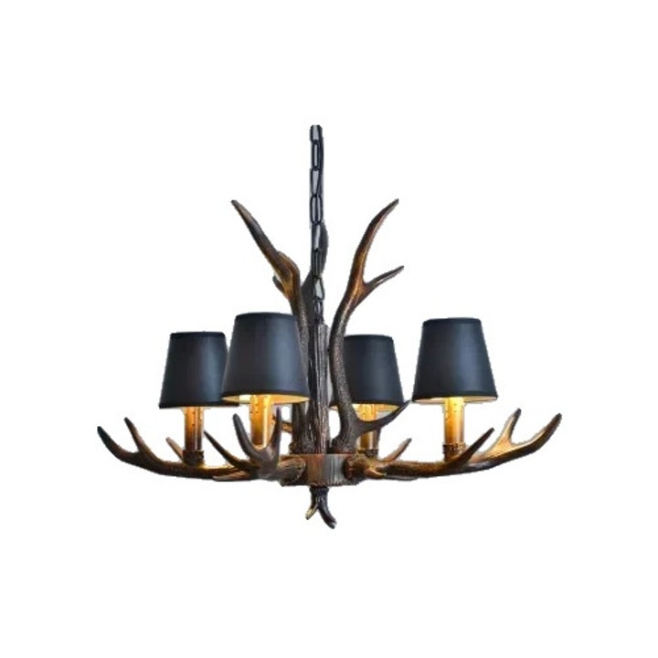 Candelabru cu coarne de cerb, 4 abajururi, lumina calda