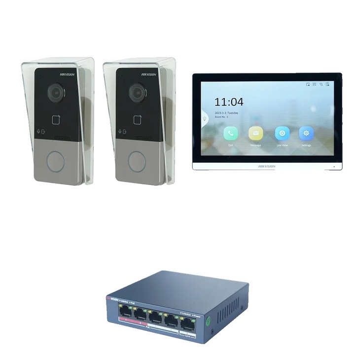 Sistem interfon cu 2 sonerii, 1 ecran acces, rezistent la apa, 138x65x27mm, 175x113.5x21mm