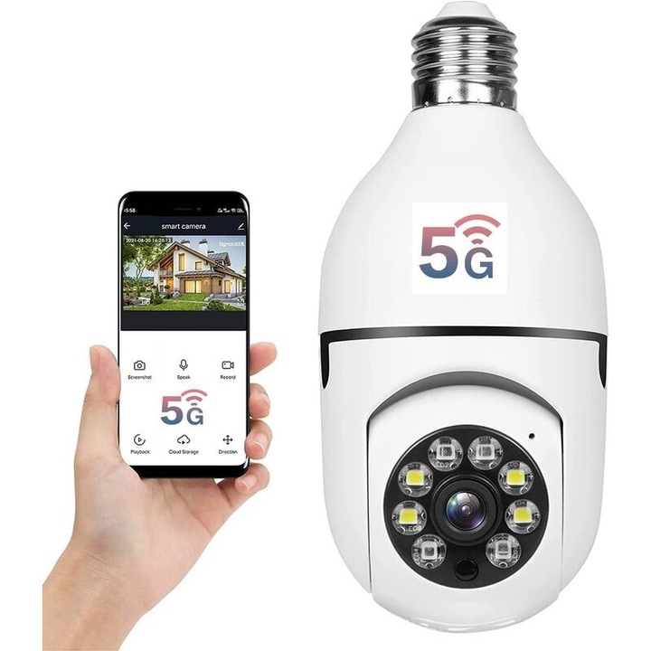 Camera de supraveghere 1080P WiFi Bulb, detectie miscare umana, audio bidirectional, 360°, E27