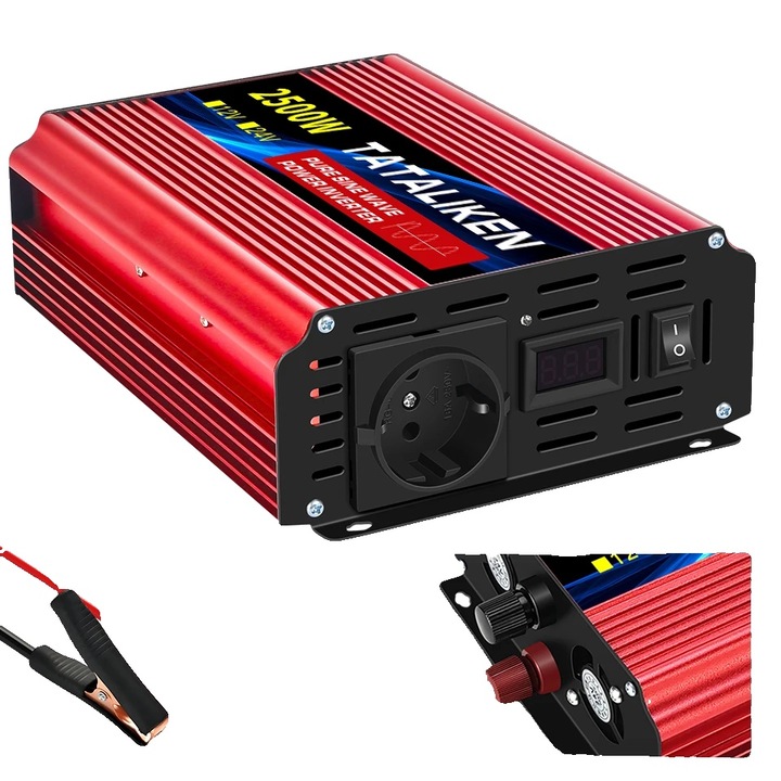 Autós inverter 12V 2500W 220V EU, nagy hatékonyságú, robusztus kialakítás