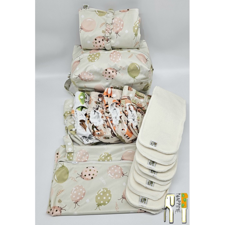 Комплект пелени за многократна употреба Nappime, зелени балони, 5 бамбукови подложки L, 60x12 см, чанта, подложка за повиване