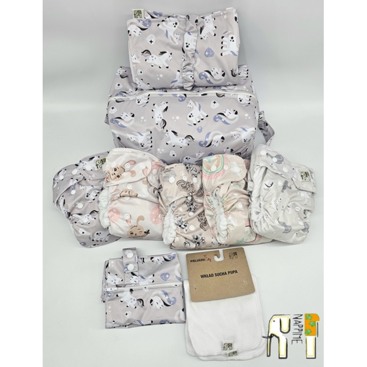 Set scutece reutilizabile Nappime, cu motive de unicorni, 60x12cm, 3 straturi, multicolor