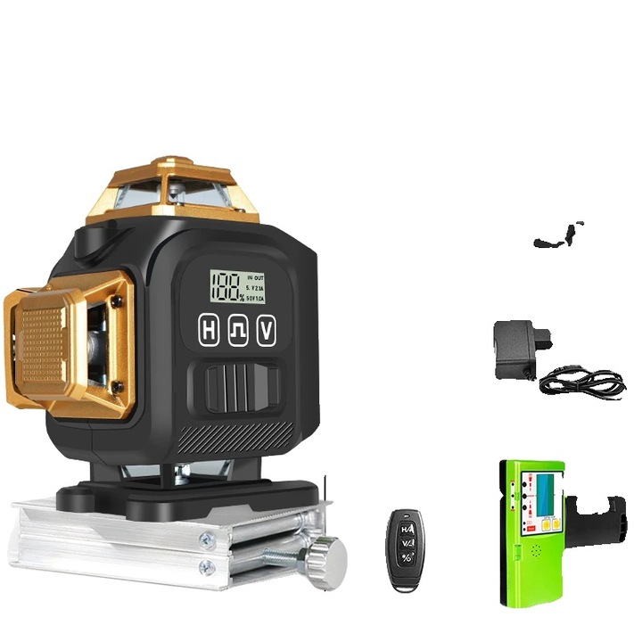Нивелиращ лазер, 4D, 16 линии, зелен лъч, комплект с магнитен държач, 2 батерии, зарядно устройство, дистанционно управление, 50 м приемник, 1,5 м статив, 20x20x18 см