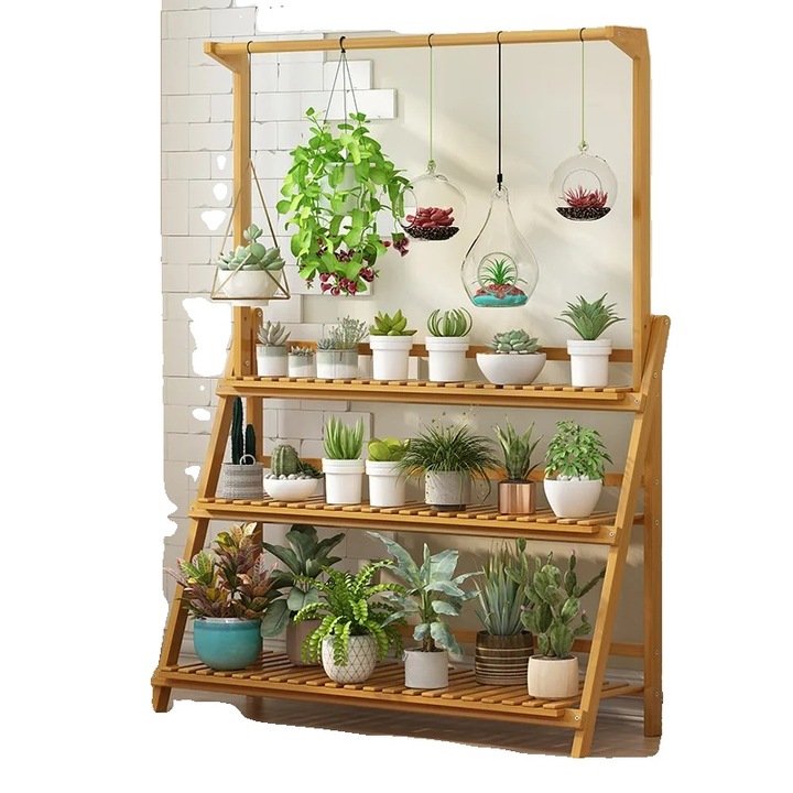 Поставка за растения, 3 нива, Eстествен бамбук, 100x40x96 см, XL