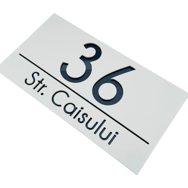 Placuta numar casa, Alb Satinat, Gri Antracit Oglinda, 28x15cm