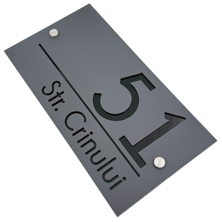Placuta numar casa, Gri Satinat, Negru Lucios, 2 Distantieri Argintii, 28x15cm