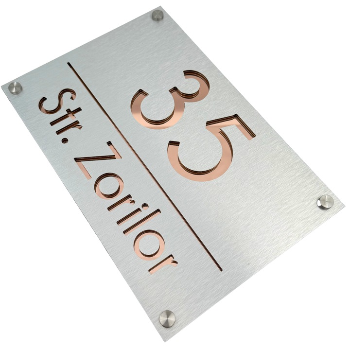 Placuta numar casa, Gri Periat, Roze Auriu Oglinda, 4 Distantieri Argintii, 30x20cm