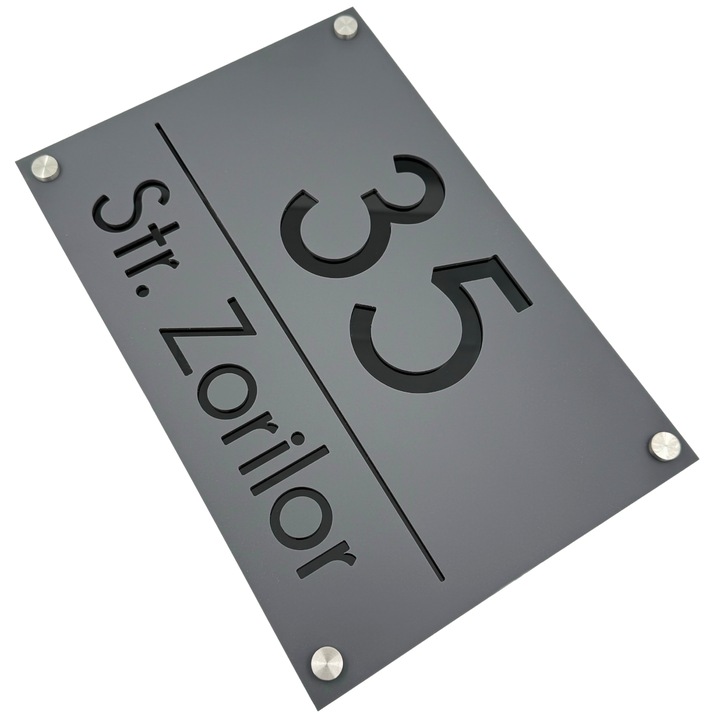 Placuta numar casa, Gri Satinat, Negru Lucios, 4 Distantieri Argintii, 30x20cm