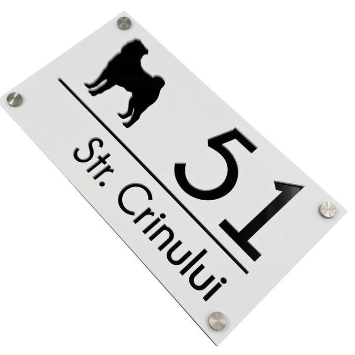 Placuta numar casa, Alb Satinat, Negru Lucios, 4 Distantieri Argintii, 28x15cm