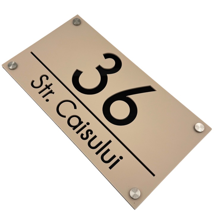 Placuta numar casa, Crem Satinat, Negru Lucios, 4 Distantieri Argintii, 28x15cm