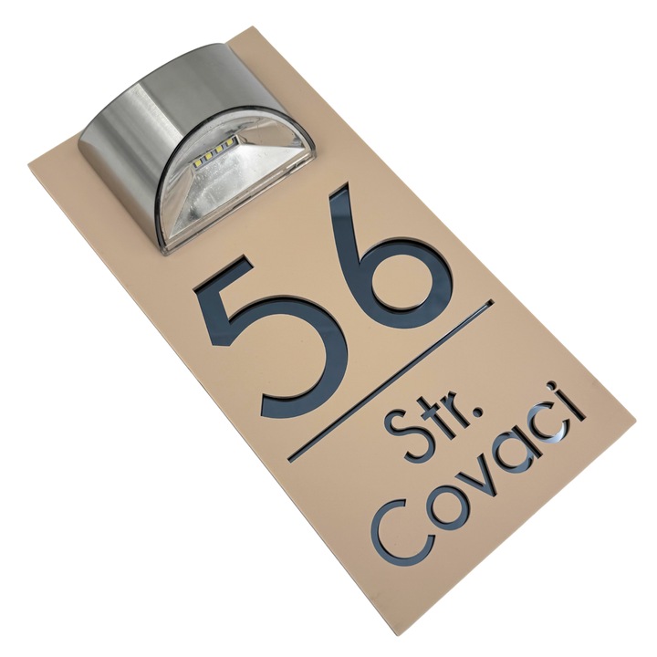 Placă număr casă Crem Satinat Gri Oglindă, 30x15cm, cu Lampa Solară - Montaj Simplu