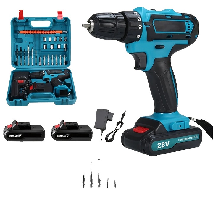 Masina de gaurit si insurubat, 28V, 1350 rpm, set complet unelte, 2 acumulatori, 1 incarcator
