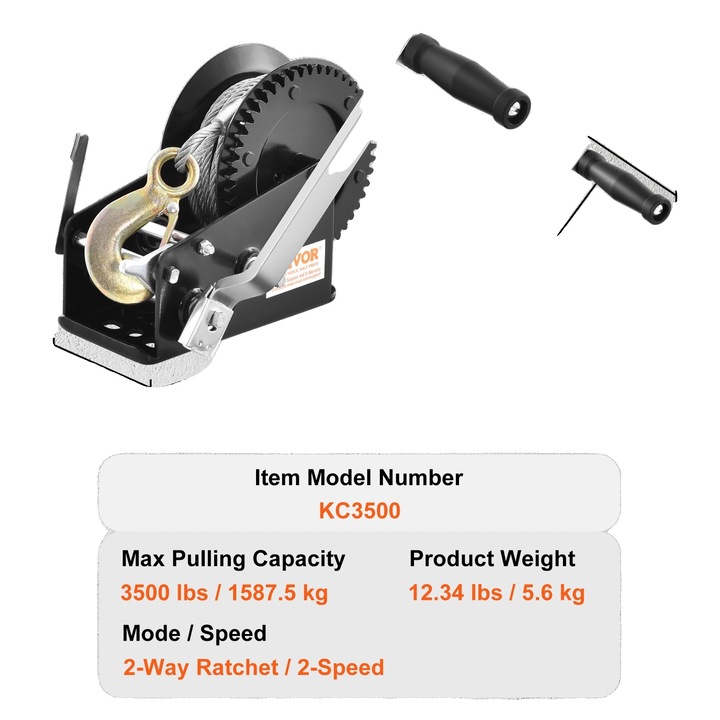 Winch manual, 3500 lbs, cablu din otel de 33 ft, sistem cu ratchet cu 2 viteze, 10.23x5.78x7.16 in